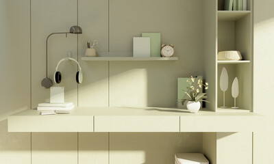 Minimal working space fine wood table with computer laptop, books, table lamp and decor leaves plants by the window with sun shade roller blind. Space for products overlay. 3d render