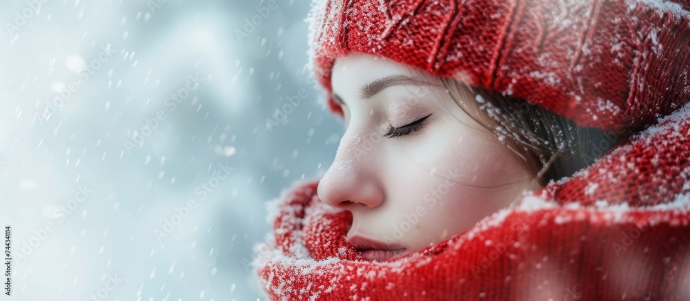 Poster Portrait of a young girl in a vibrant red hat and scarf enjoying a winter day outdoors