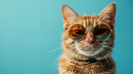 Closeup portrait of funny ginger cat wearing sunglasses isolated on light cyan. Copyspace