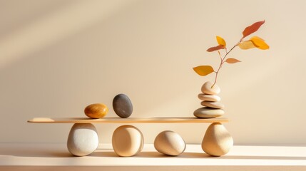 Balancing one on another on smooth surface with shadow in room with beige wall in daylight