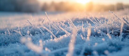 A serene winter morning: sun shining on frosty grass in a peaceful meadow