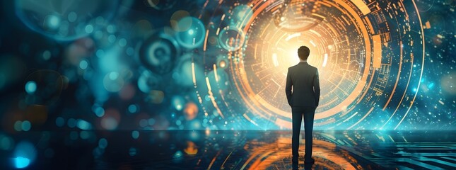 Businessman presenting futuristic business world metaverse graphic. In the form of innovation in digital business processing technology, innovation. Ai Generative. Data Science and Analytical.