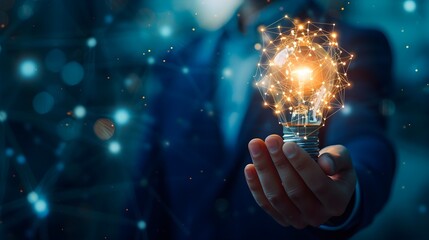 Glowing Lightbulb Showing New Futurisitc Technology Business Ideas. businessman holding half of an abstract light bulb and brain on a dark blue background with a light bulb. Ai Generative. 