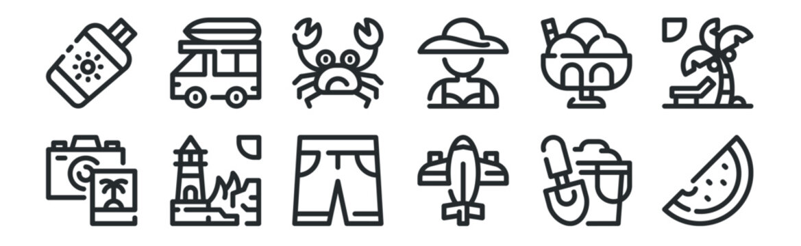 set of 12 thin outline icons such as watermelon, plane, lighthouse, ice cream, crab, car for web, mobile