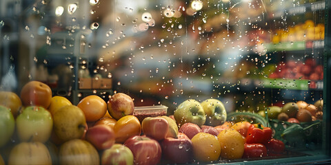refrigerated shelf in supermarket with Fruits and vegetables
 - obrazy, fototapety, plakaty