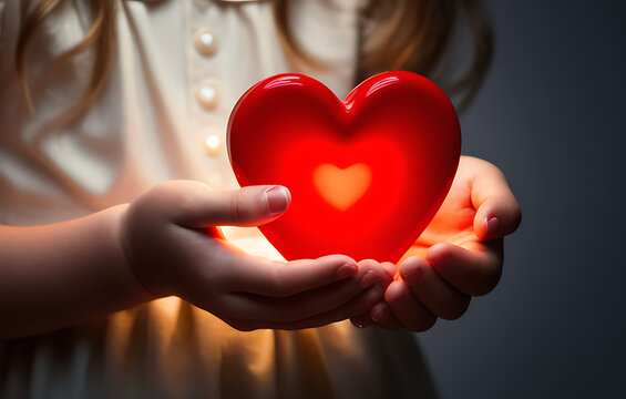 Child's hands grasping a crimson heart, a symbol of love, for World Health Day