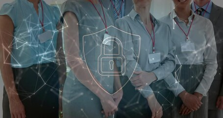 Animation of padlock and data processing over diverse business people in office - Powered by Adobe