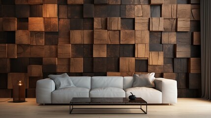 Wooden wall square blocks with grey sofa. Wooden blocks or cubes pattern for classic wallpaper background.