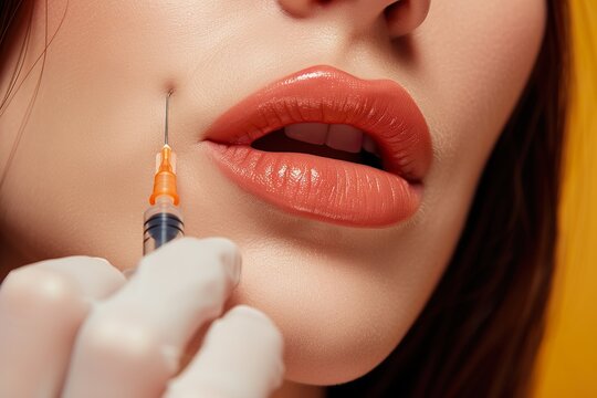 Syringe near woman's chin, beauty injections with fillers for lips correction photo