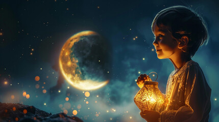 A kid holding a lantern and smiling while looking at the crescent moon