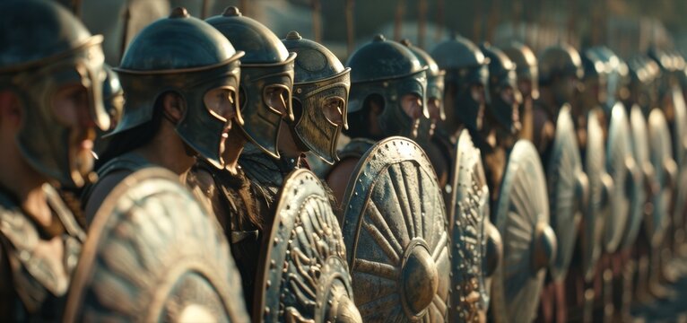 A line of hoplites stand shoulder to shoulder their shields forming an imtrable wall against their foes.