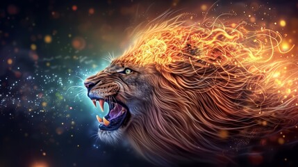 Roaring lion with cosmic fire effect abstract wallpaper