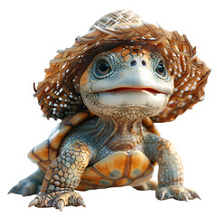 A 3D animated cartoon render of a smiling turtle wearing a straw sunhat.