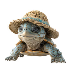 A 3D animated cartoon render of a playful turtle wearing a beach-themed sunhat.