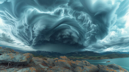 Texture of stormy clouds swirling and blending together over a rocky mountain landscape.