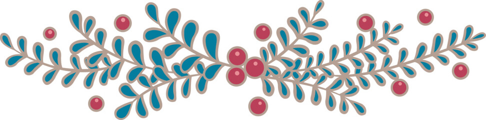 Fototapeta na wymiar Abstract bunch of fern leaves and red berry Christmas ornament border illustration for decoration on Christmas holiday.