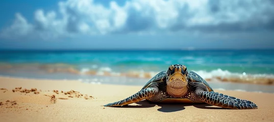 Tuinposter Tranquil sea turtle resting on sandy beach with mesmerizingly deep blue ocean © pijav4uk