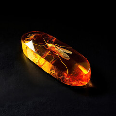 cut Amber ​gem ​of flawless quality with mosquito inclusion on black background