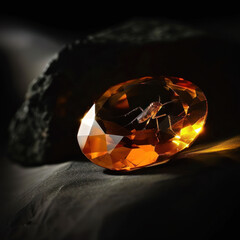 cut Amber ​gem ​of flawless quality with mosquito inclusion on black background - obrazy, fototapety, plakaty