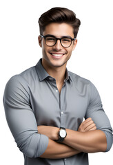 Smiling young man with glasses with arms crossed on a transparent background