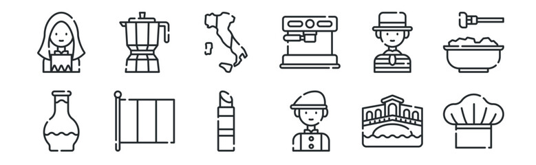 set of 12 thin outline icons such as chef, man, italy, gondolier, italy, coffee pot for web, mobile - obrazy, fototapety, plakaty