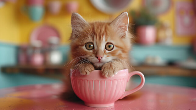 Small Kitten Sitting Inside Pink Cup