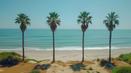 A serene beach scene with palm trees swaying gently in the breeze