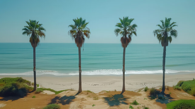 A serene beach scene with palm trees swaying gently in the breeze