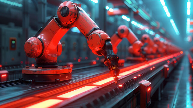 Robotic Arms Moving Along a Conveyor Belt in a Factory