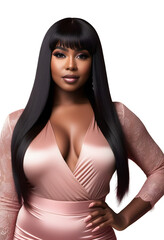 A beautiful black supermodel wearing long black hair wig on a transparent background