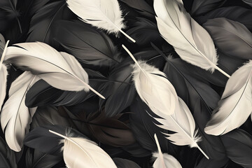 Top view of seamless black and white feathers