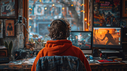 Obraz premium Person Standing in Front of Computer Desk