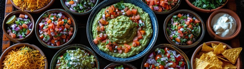 At the festive table, enjoy a guacamole dip centerpiece among vibrant Mexican dishes, enchiladas, nachos, and margaritas, all under papel picado decorations. - obrazy, fototapety, plakaty