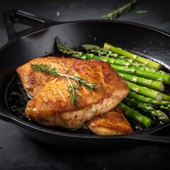 a fried appetizing tasty chicken breast served on skillet with asparagus