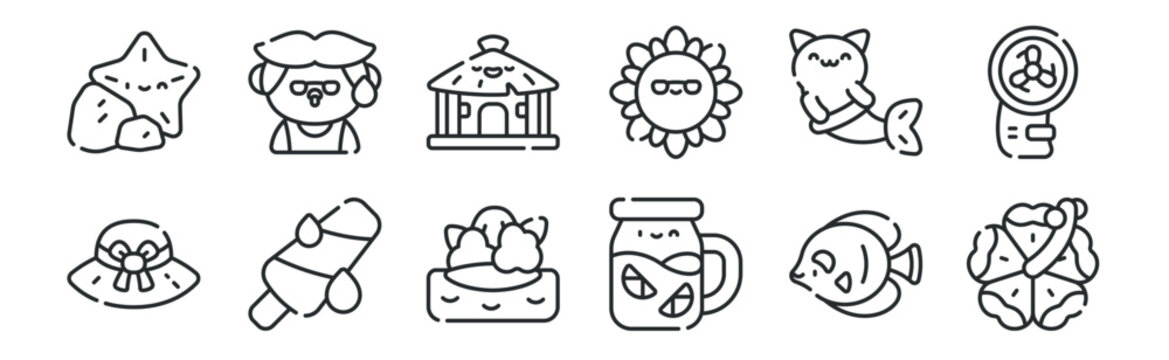 set of 12 thin outline icons such as flower, lemonade, popsicle, mermaid, cabin, man for web, mobile