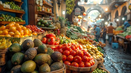 A vibrant Mexican market scene, stalls overflowing with fresh produce for Cinco de Mayo feasts, including avocados, tomatoes, and limes, amidst a bustling crowd.