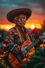 Mariachi musicians in festive outfits play lively music as the sun sets at a vibrant Cinco de Mayo event.