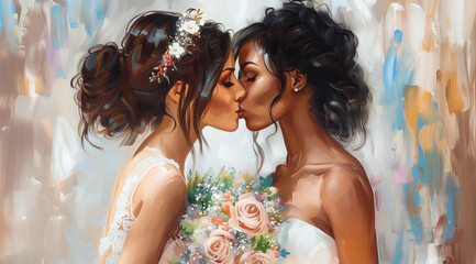 Lesbian couple sharing romantic wedding kiss to celebrate love and commitment - Powered by Adobe