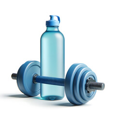 a set of workout equipment consisting of a blue, translucent water bottle and a blue dumbbell with removable weights