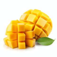 a mango peeled and cut into squares, studio light , isolated on white background