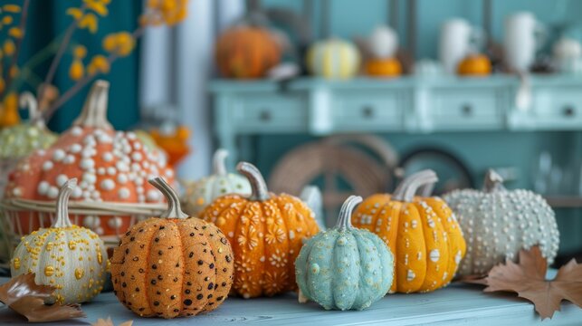 Hobby background with handmade pumpkins. DIY, craft decoration for fall and winter
