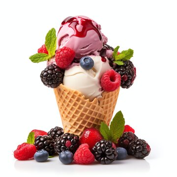 a ice cream with fresh berries, studio light , isolated on white background