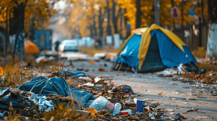 Homeless tent camp and garbage along the road in a modern city  - obrazy, fototapety, plakaty