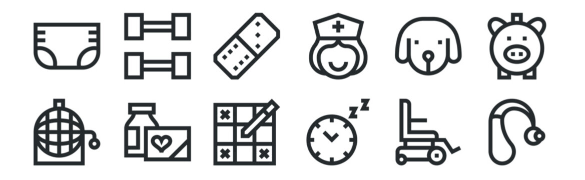 set of 12 thin outline icons such as hearing aid, clock, medicine, dog, domino piece, gym for web, mobile
