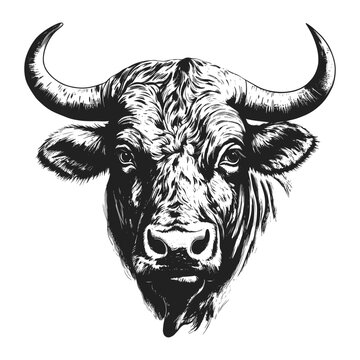 Cow bull head woodcut style drawing