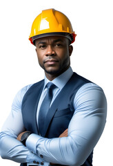 An african american businessman with his arms crossed wearing a helmet on a transparent background