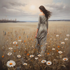 Arte digital estilo pintura al óleo de mujer caminando en campo con flores silvestres en primavera. Ilustración vintage en colores neutros en un atmosfera cálida  - obrazy, fototapety, plakaty