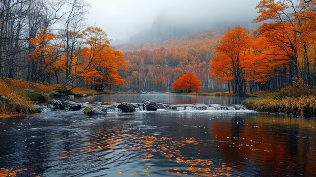 Orange autumn on river, Oil painting landscape - autumn forest near the lake.