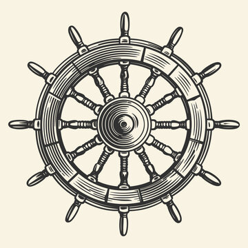 Vintage ship wheel woodcut style drawing vector