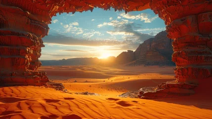 Rolgordijnen Opened red door in the desert. wooden door painted red with a metal frame in a sandy desert with blue sky. © haizah